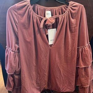 Misa Los Angeles Tie Front Ruffled Blouse in Purple and Pink